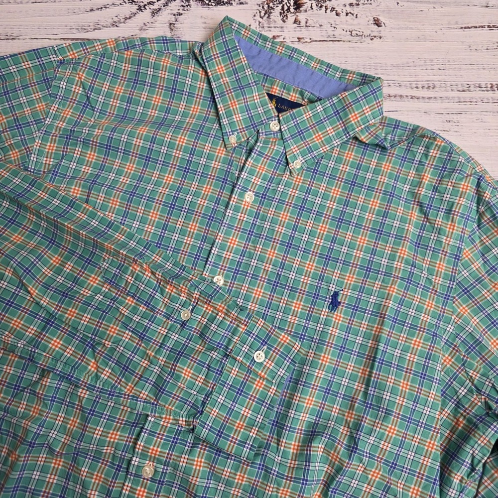Ralph Lauren Cotton Stretch XL Green Orange Plaid Button Down Long Sleeve Hole